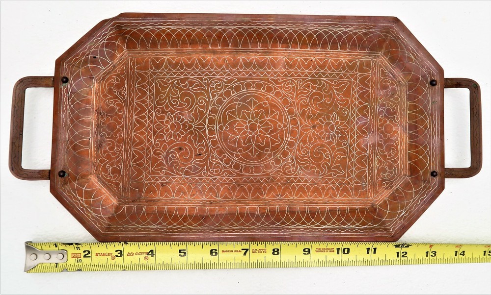 Cairo Ware Silver Inlay copper Octagonal Serving Tray with Two Handles