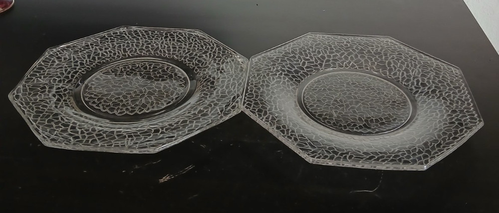 2 Octagonal Shaped 1930's Smith Crackle Clear Glass Plates 8.2"
