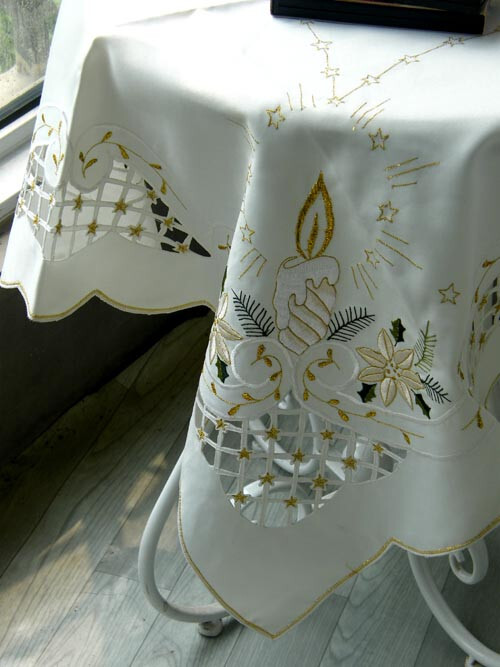 Gorgerous Ivory Embroidered Polyester Square Tablecloth Xmas 33" Cutwork