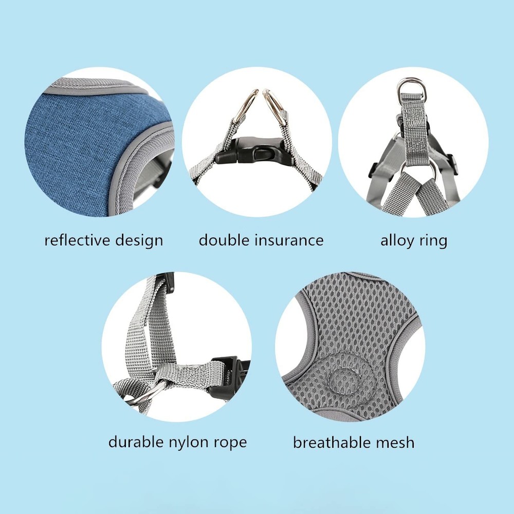 Small Gray Dog Harness Leash Set Reflective Strips Adjustable Step in Vest