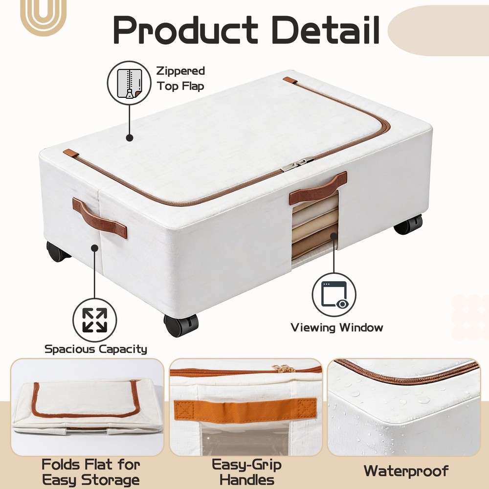 Under Bed Storage Organizer with Wheels - 2 Pack Large Foldable Underbed Draw...