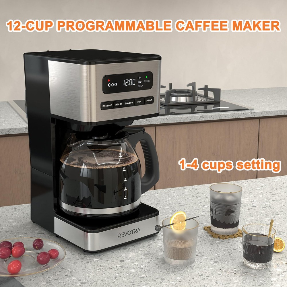 REVOTRA 12-Cup Programmable Coffee Maker, Regular & 12 Cup, Silver/Black