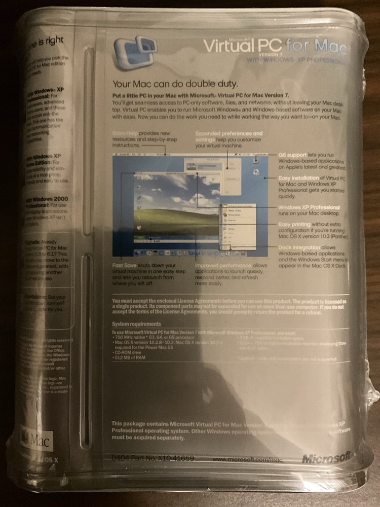 NEW Microsoft Virtual PC version 7 for Mac w/Windows XP Professional 2004