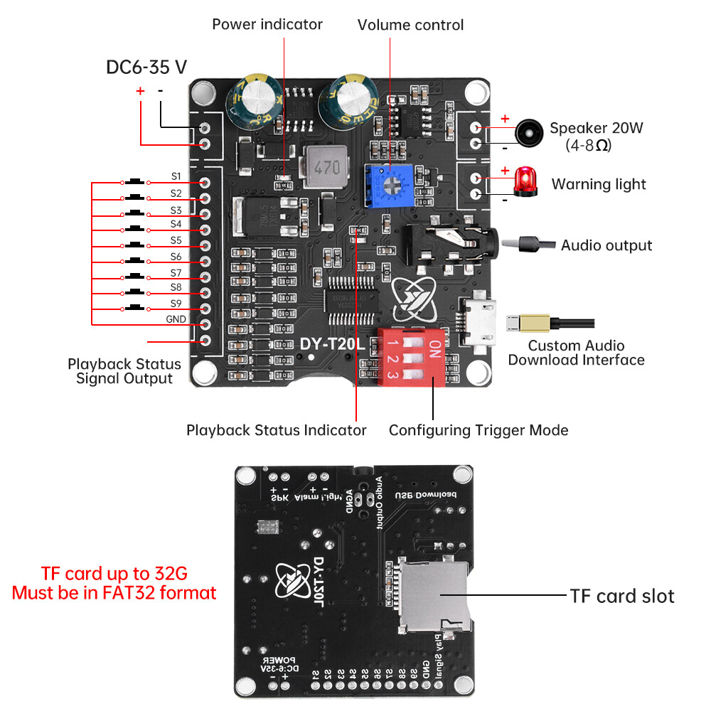 20W 9 Way MP3 Player Voice Playback Module DC6-35V D-class Custom Audio Board