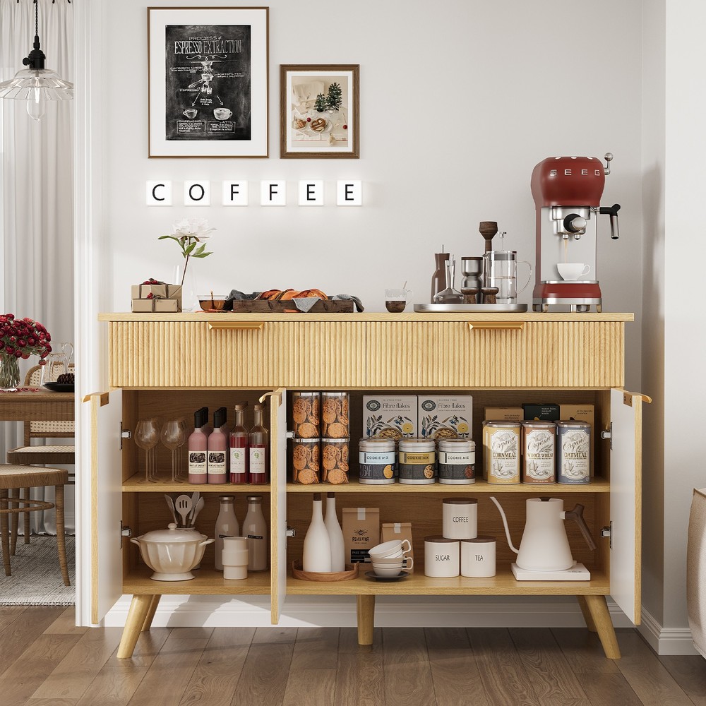Kitchen Storage Cabinet with Drawers and Doors, Modern Fluted Sideboard Buffet