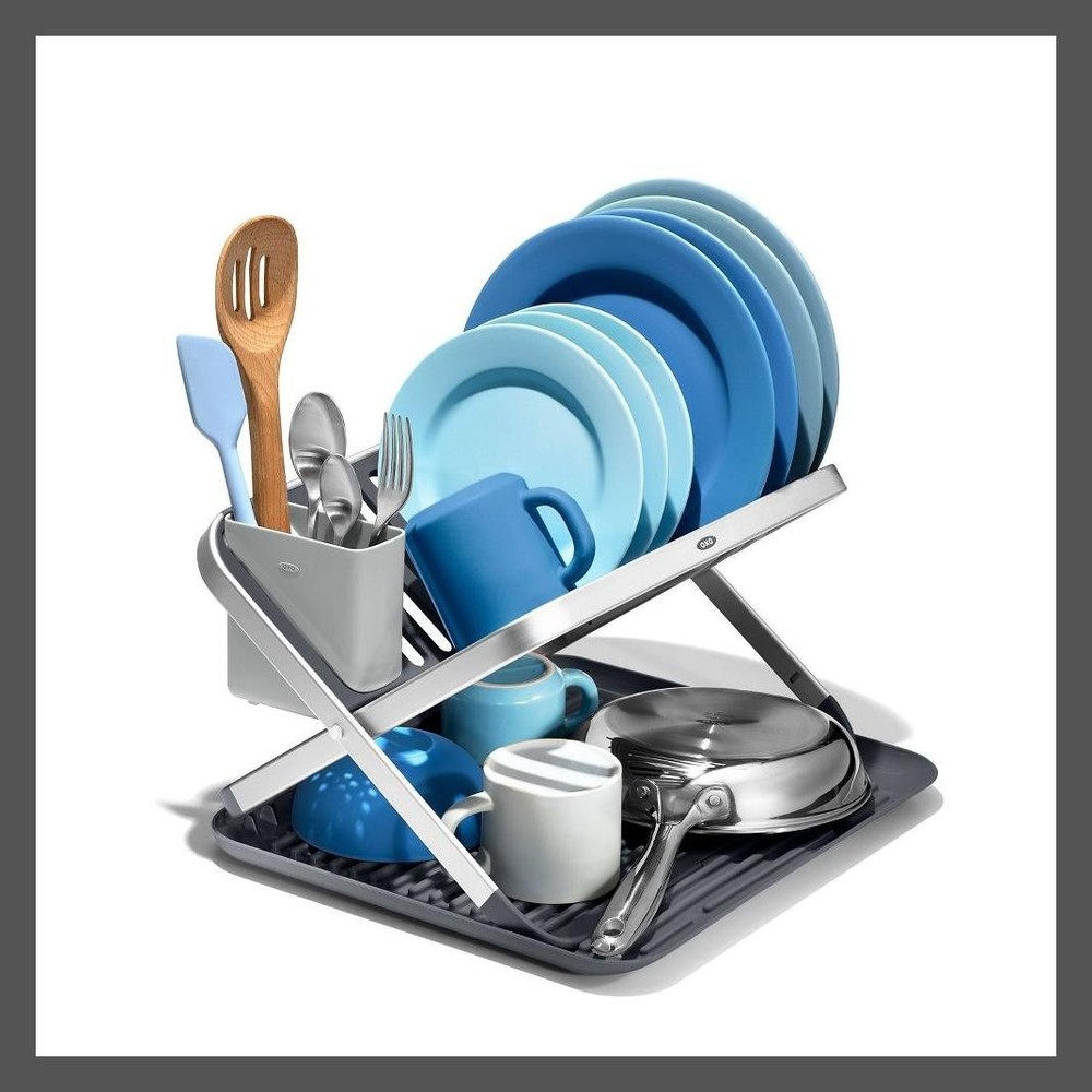 OXO Aluminum Dish Rack Foldable Compact Folding Freestanding Rustproof