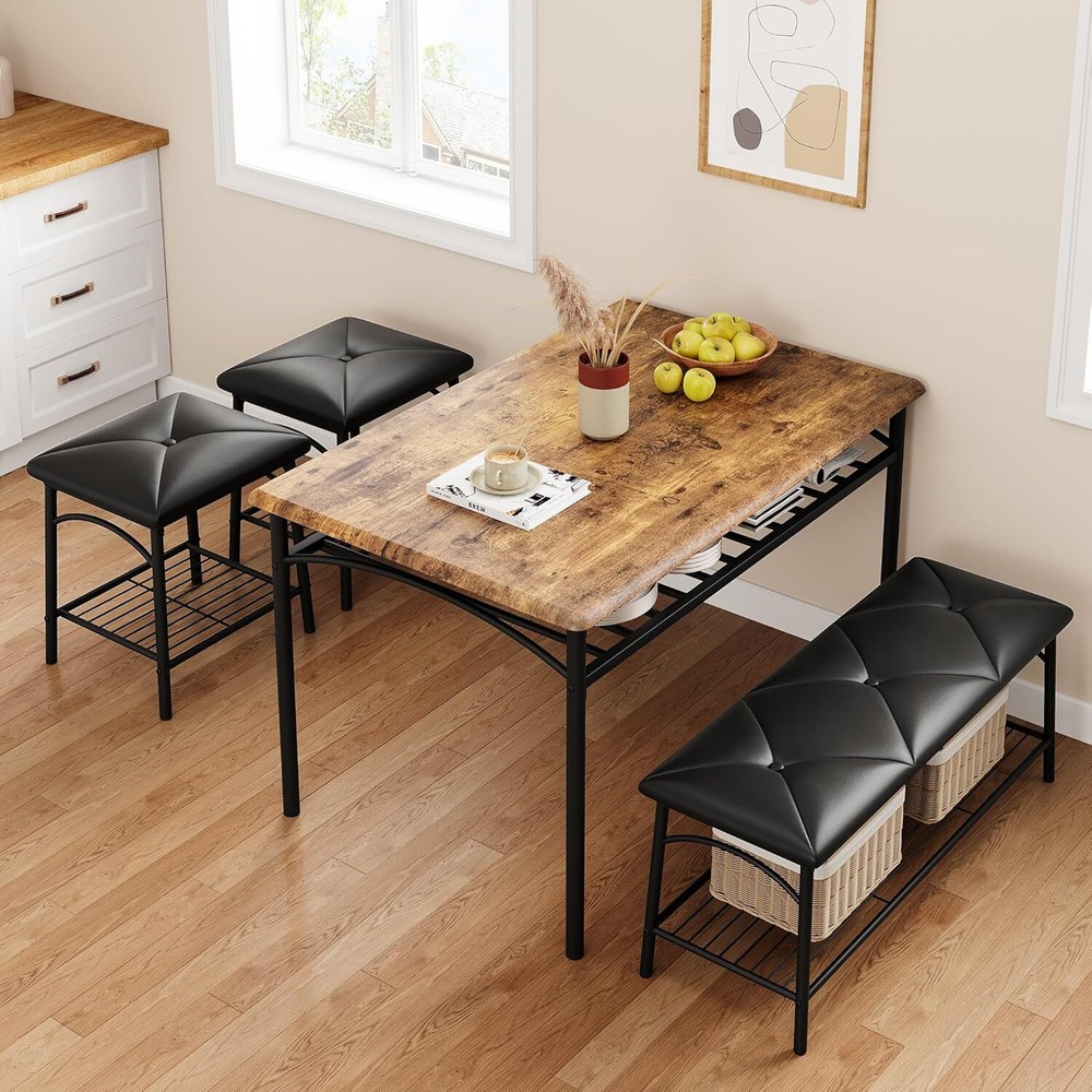 Dining Table Set for 4 Wooden Kitchen Table Set Storage with Bench, Stools Home