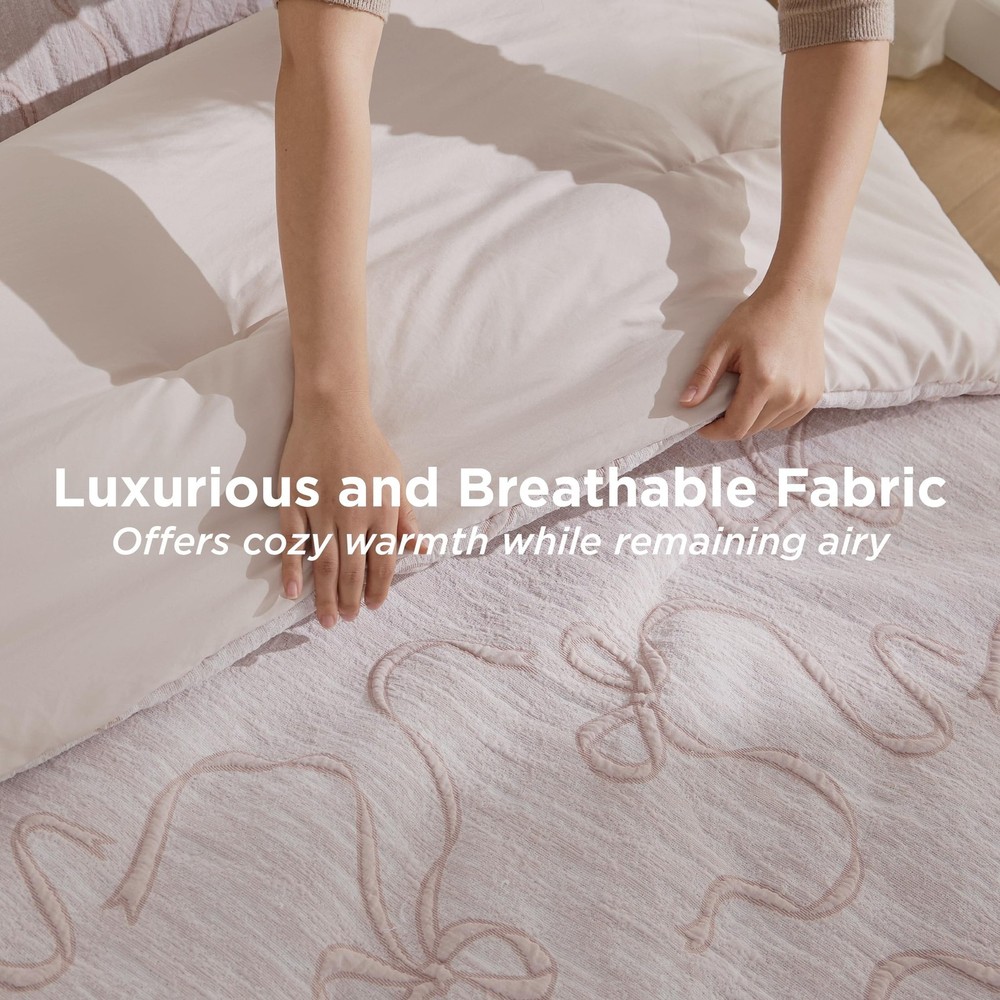 Bedsure Pink Comforter Set Queen, GentleSoft™ 3 Pieces Breathable Bow Comf