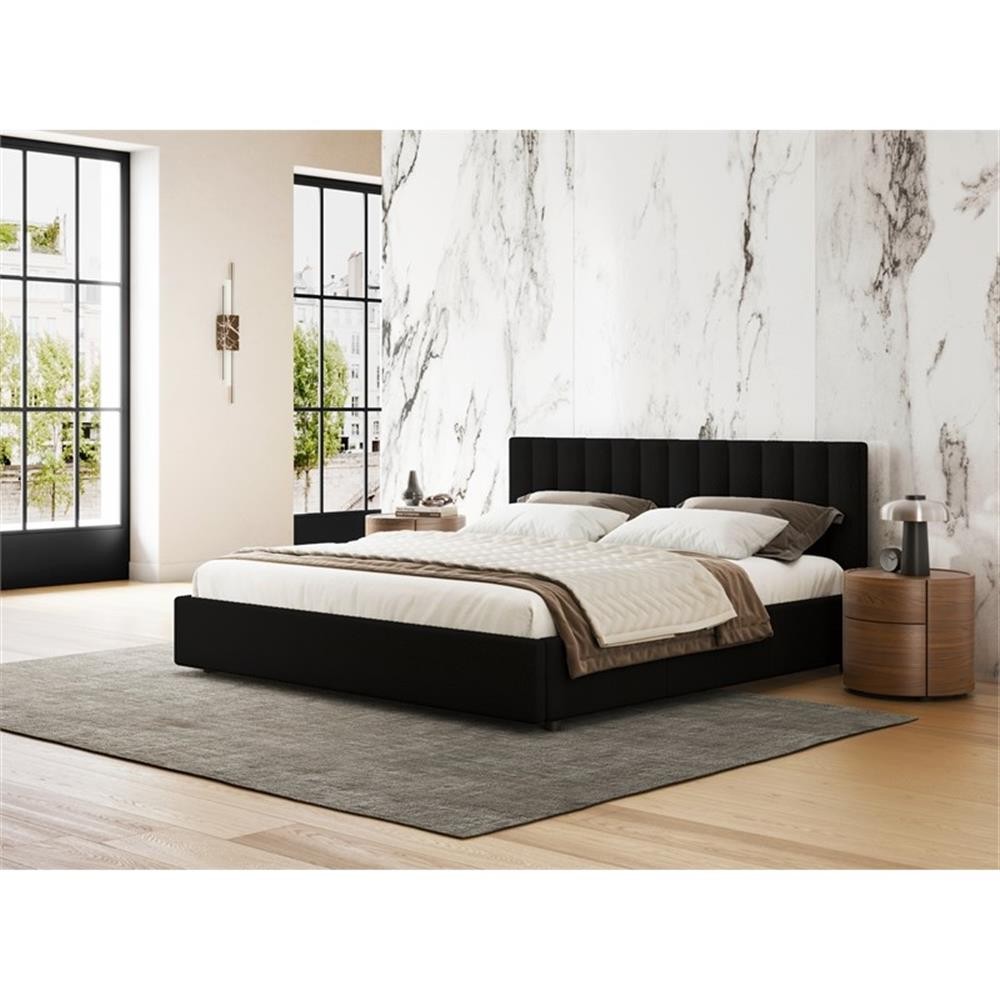 Pemberly Row Upholstered Platform King Bed in Black Boucle Fabric