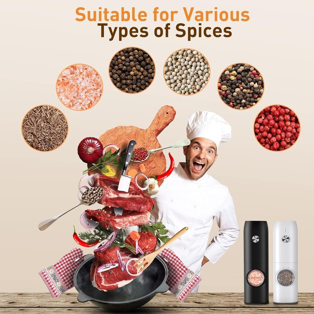 Rechargeable Electric Salt & Pepper Grinder Set | Auto Mill | LED Light | Black