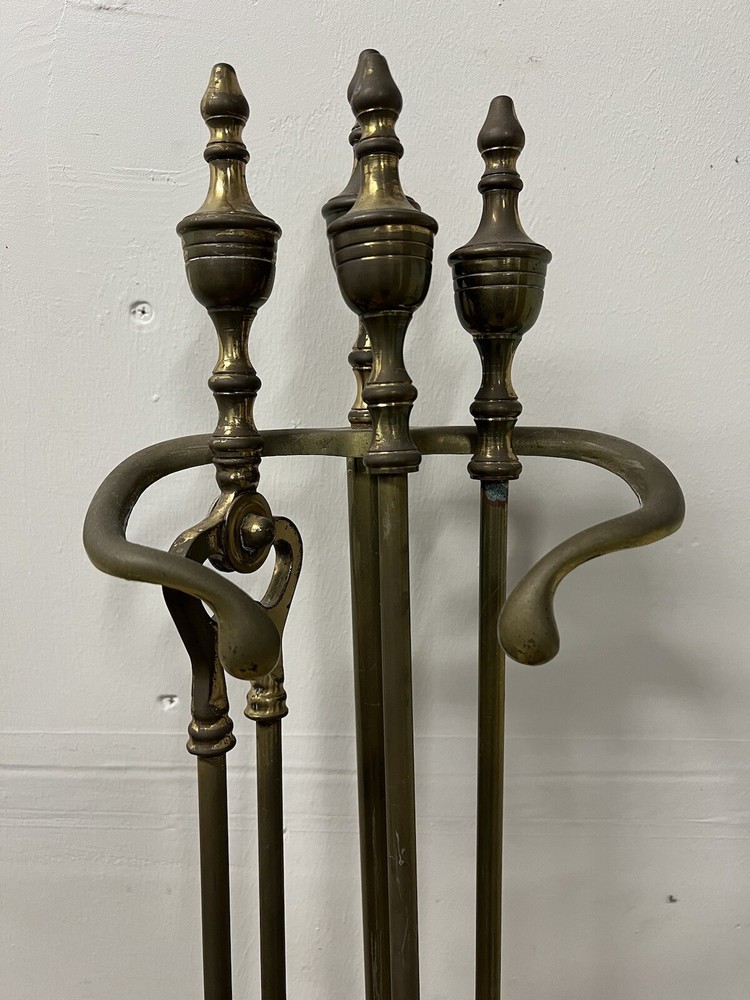 Vintage Solid Brass Fireplace 3 Tools with Stand Set