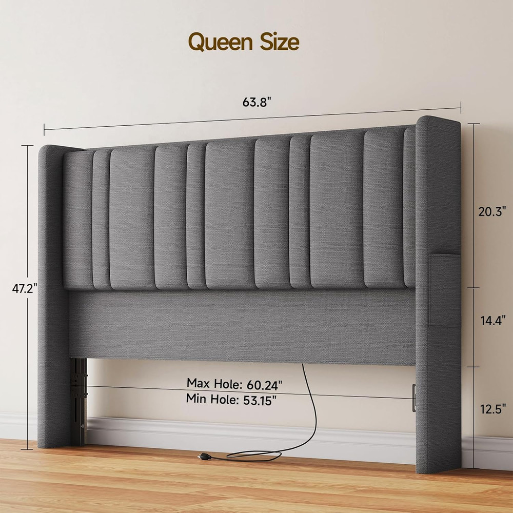 Queen Size Headboard with Storage, LED Light, Linen Vertical Wingback Headboard