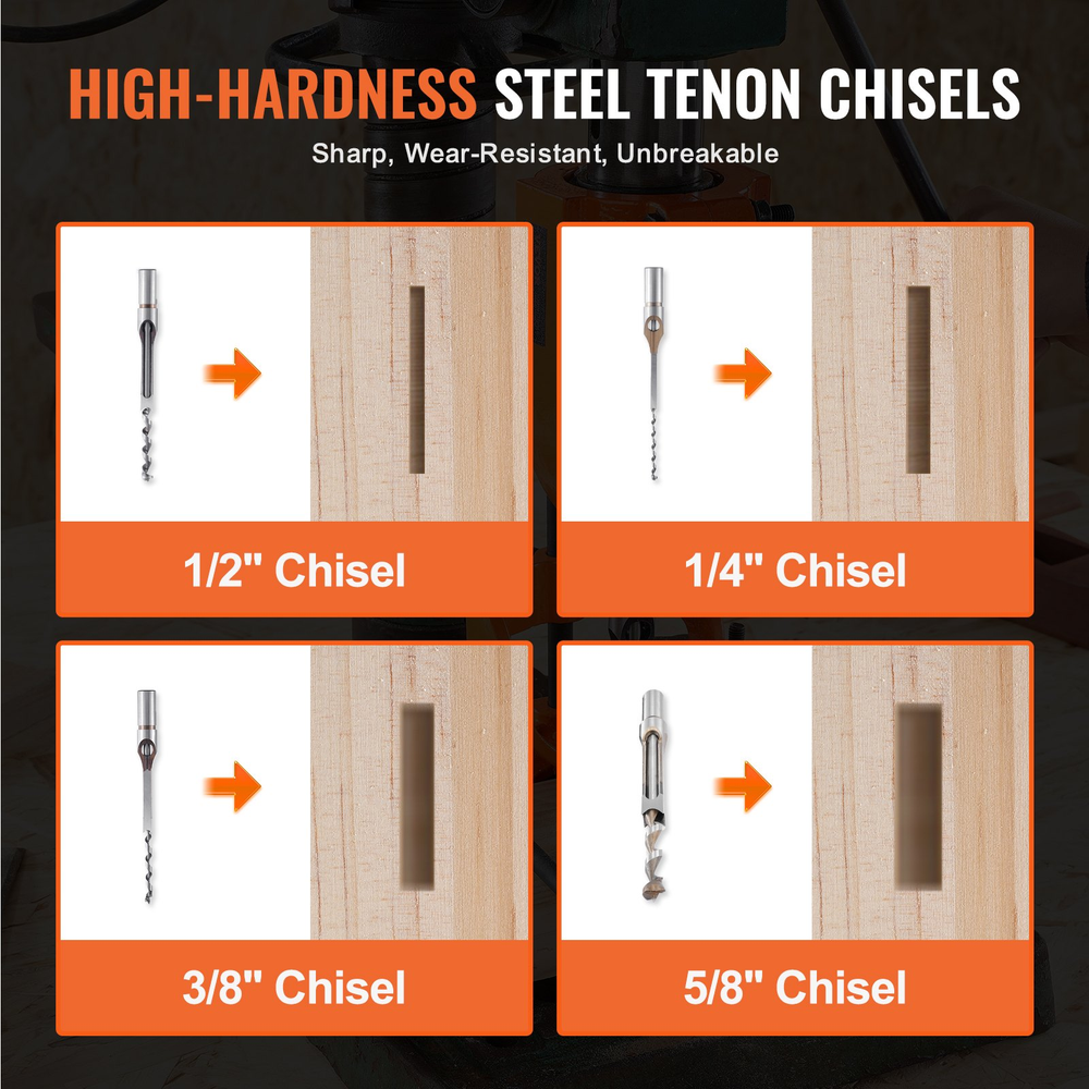 Mortising Attachment for Drill Press, Square Hole Chisel Set with 5 Bushings