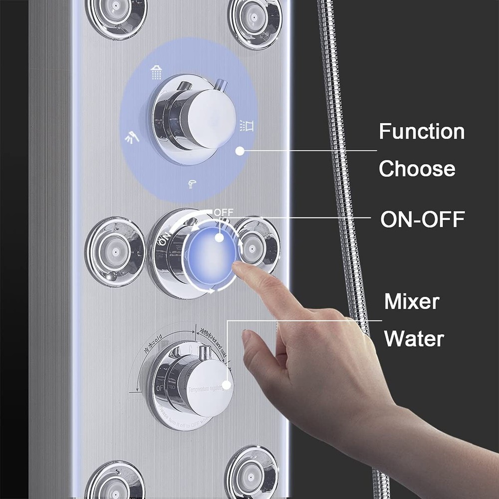 Rain&Waterfall LED Light Shower Panel Tower System Massage Jet Brushed Nickel