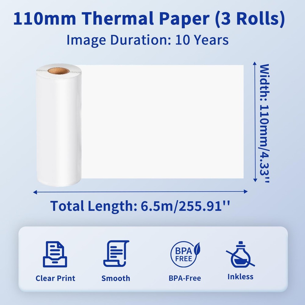 Phomemo 110mm Thermal Printer Paper 3 Rolls, Compatible with 4.33'', white
