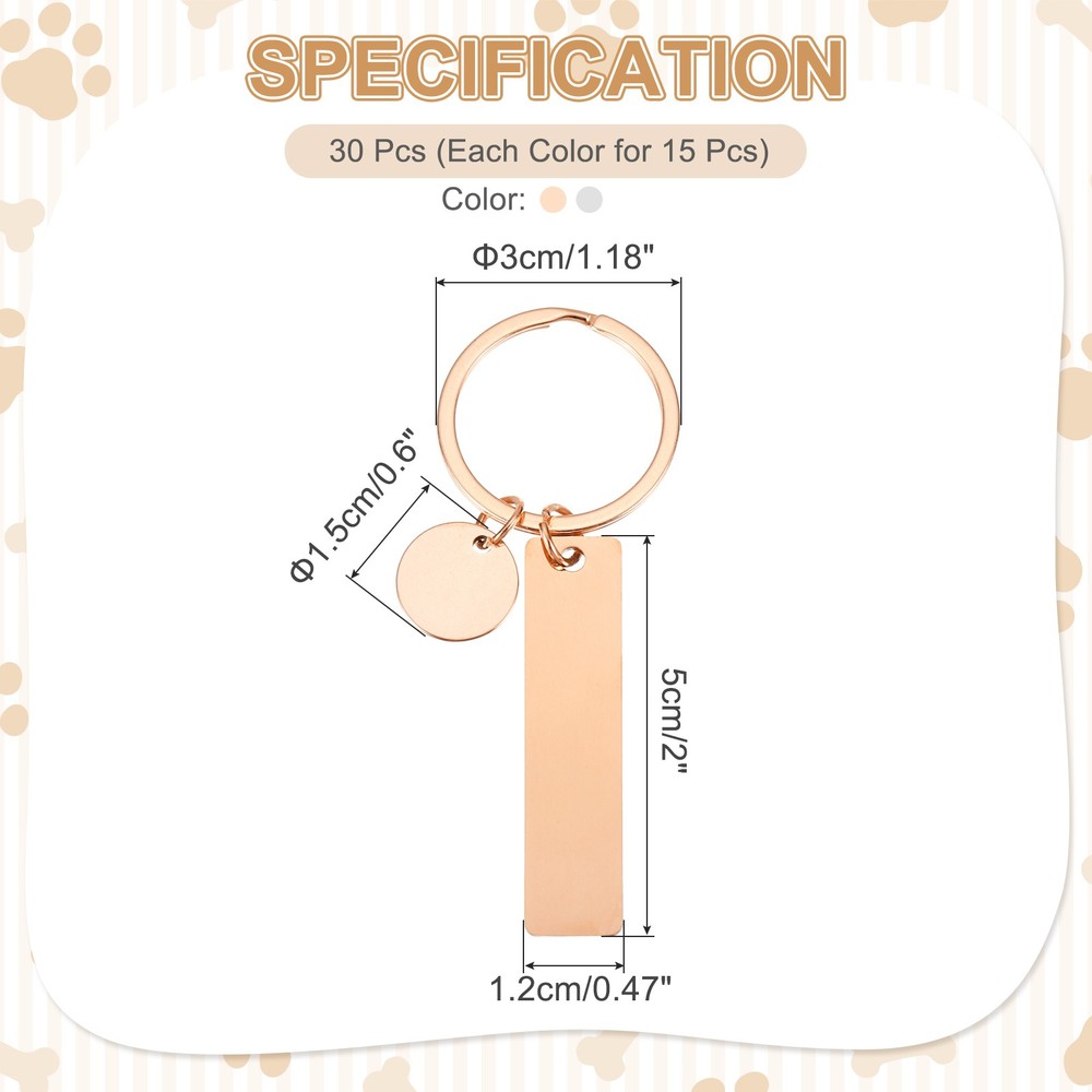 30Pcs Metal Engraving Keychain Blanks, Rose Gold/Silver Tone(Rectangular)