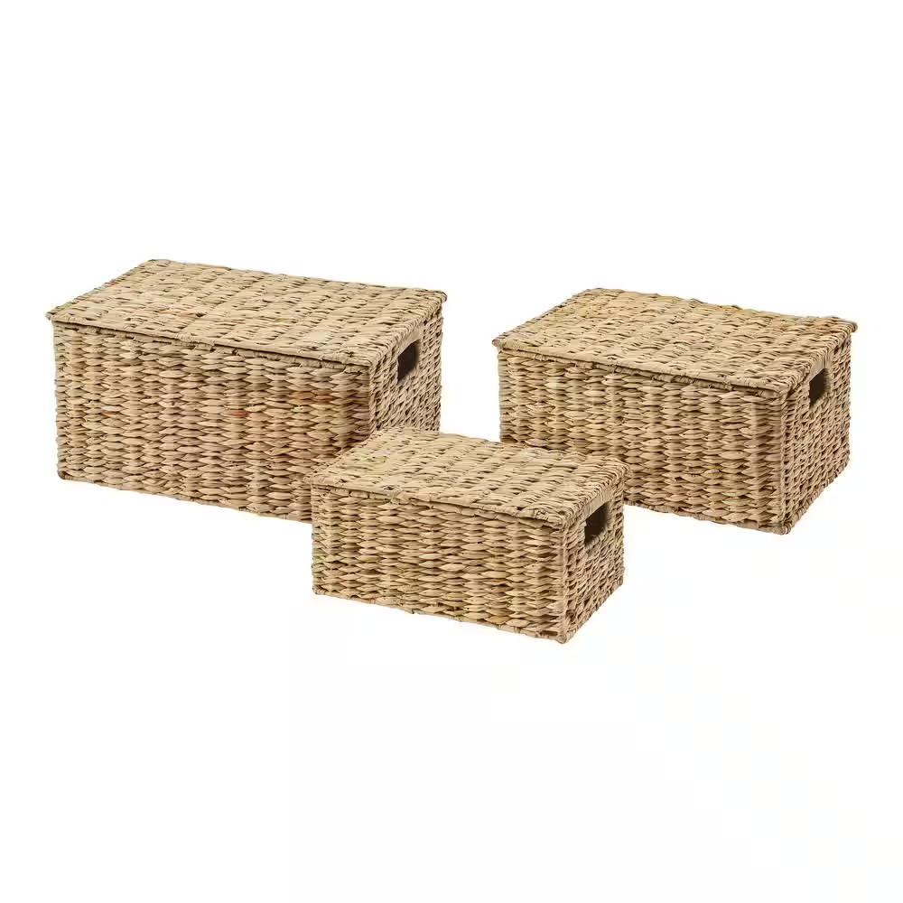 Rectangular Bulrush Lidded Storage Basket (Set of 3)