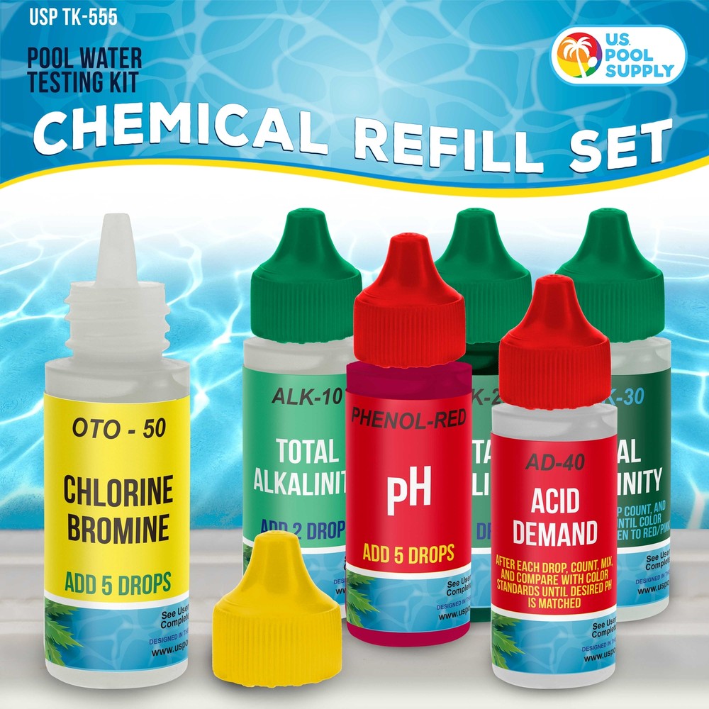 6 Bottle Refill Solution Pack for Premium 5-Way Swimming Pool & Spa Test Kit