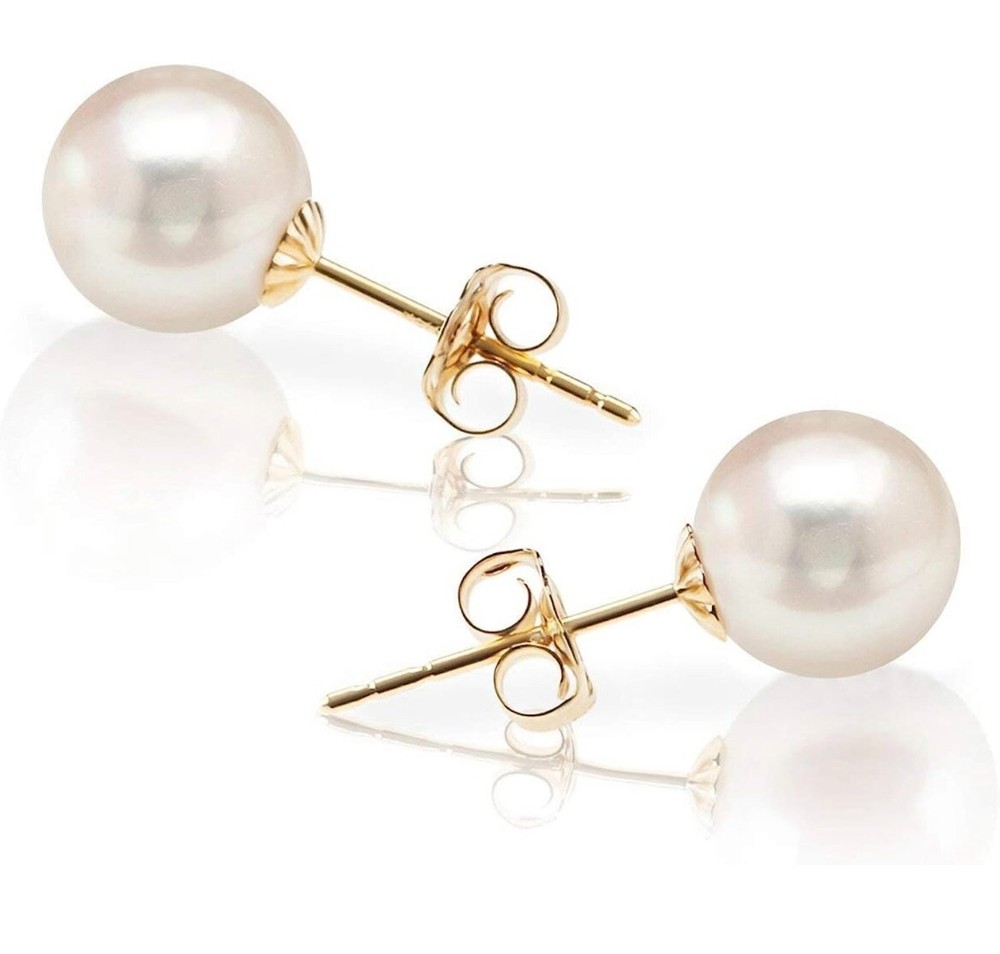 14K Solid Yellow Gold Lab Created Pearl Earrings 8MM