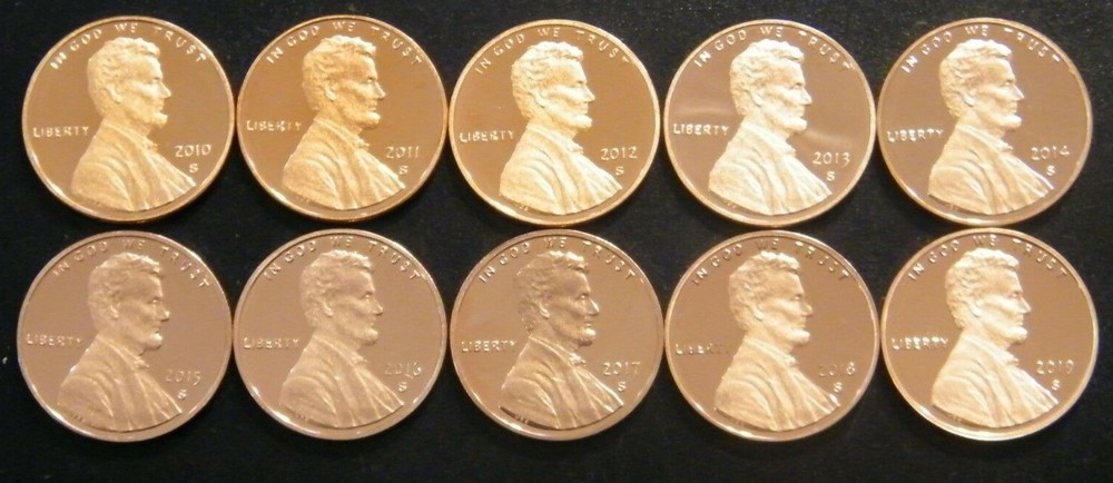 2010~2019 Lincoln Shield Gem Proof Penny Decade Run From Proof Sets