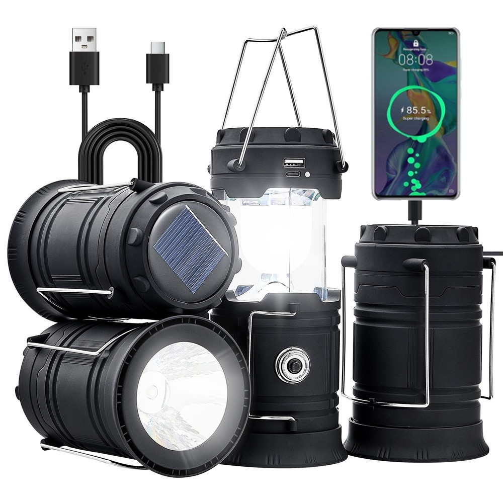 LED Camping Lanterns 4 Pack Rechargeable Camping Flashlights Solar & USB C