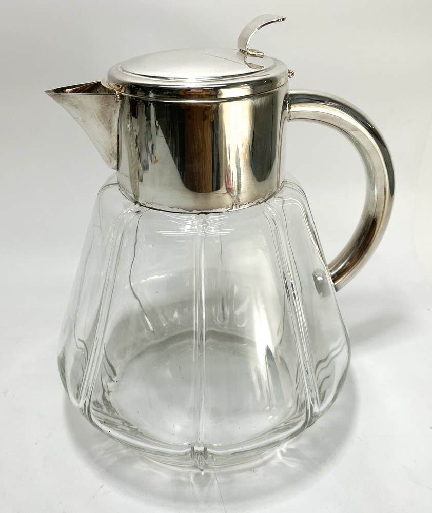 Large Silverplate and Cut Glass Water Pitcher with Strainer