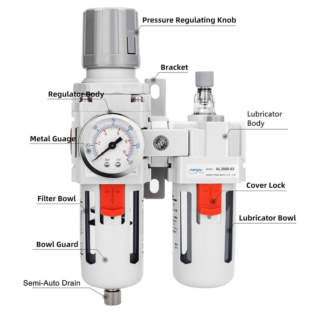 3/8" NPT Air Filter Regulator Lubricator Combo - 0-150 psi