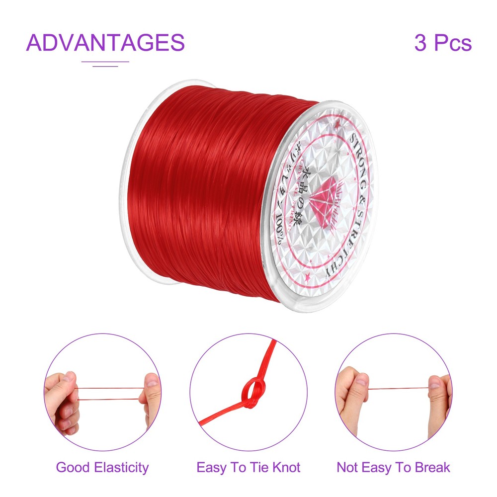 3 Rolls Elastic String for Bracelets, 0.8mm Stretch Bead Cord Red, 100m