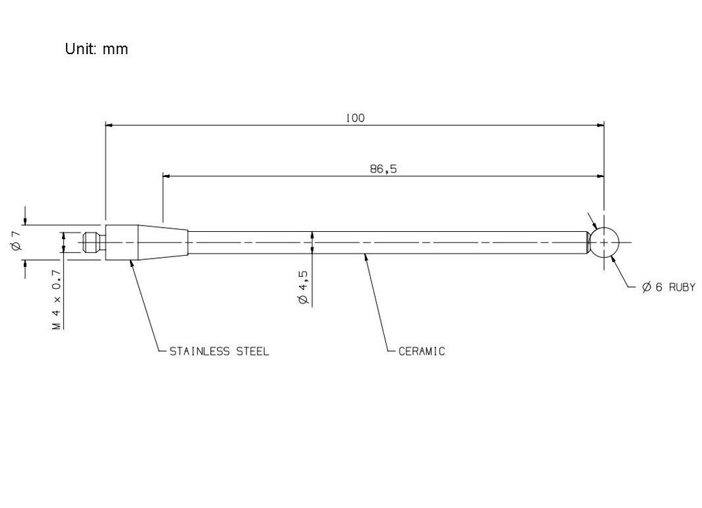 CMM Touch Probe Stylus Ceramic Stem Thread 6mm Diameter Ruby Ball Tip 100mm L...