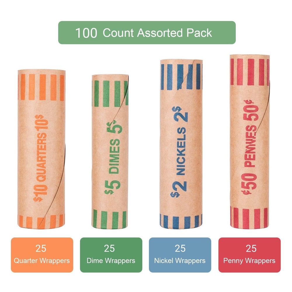 Preformed Coin Wrappers 100 PCS Rolls Assorted Preformed-100pcs