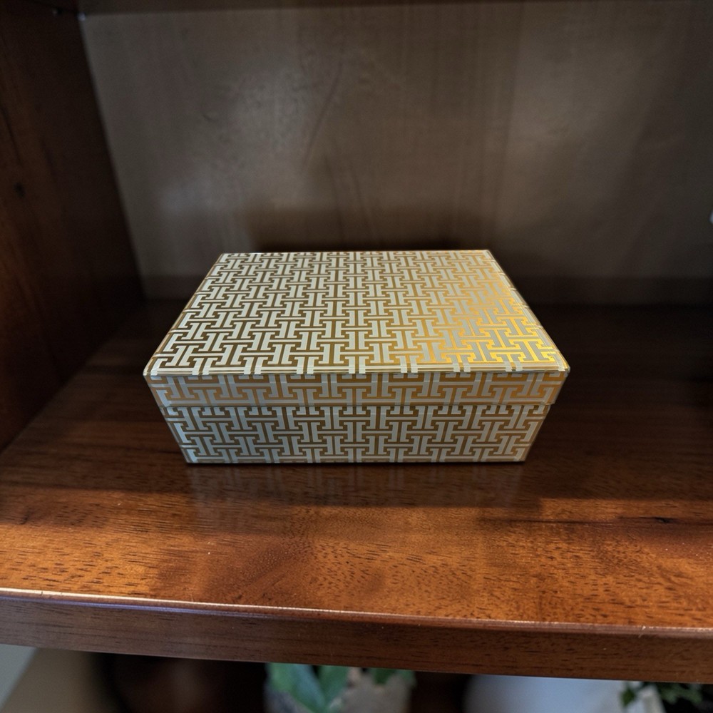 Rare Vintage Hermes - Like Geometric Pattern Rectangular Jewelry Box Gold