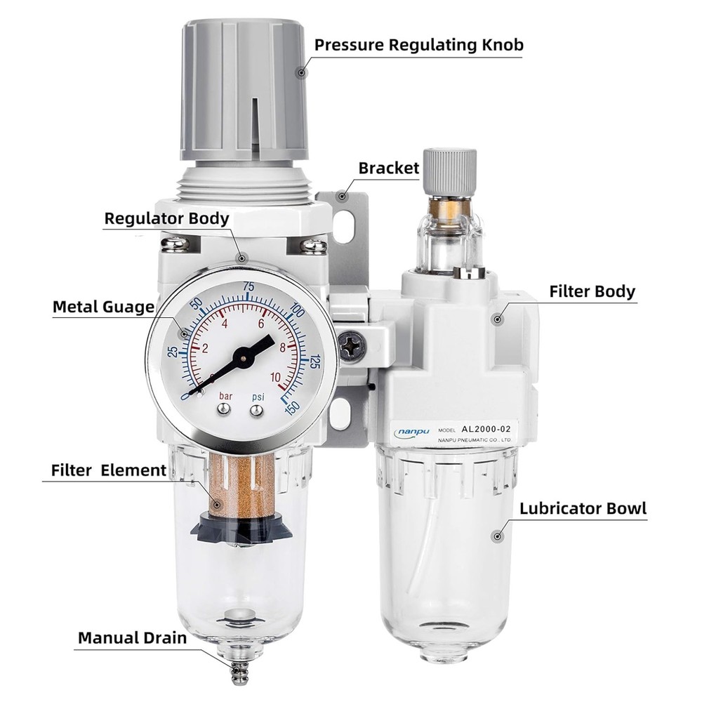 Compressed Air Filter Regulator Lubricator Combo - 1/4" NPT