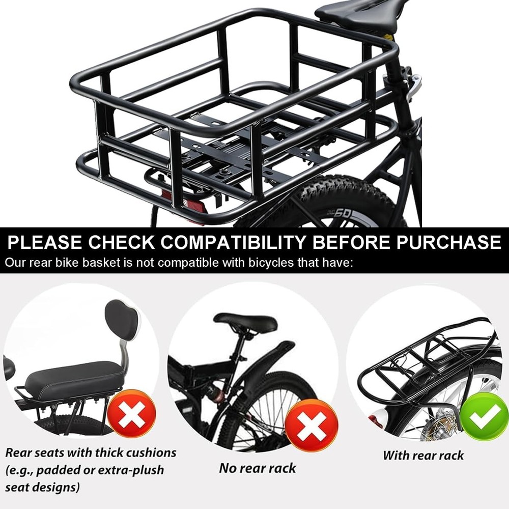 Heavy-Duty Rear Cargo Basket for Bikes & E-Bikes - Includes Large, black