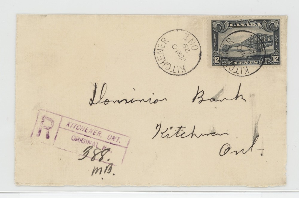 CANADA 1929 12c KGV Scroll KITCHENER registered drop letter