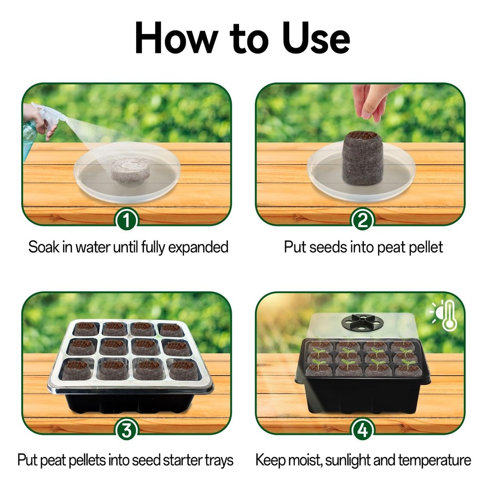 4 Pack Seed Starter Tray with 50 PCS Peat Pellets, 48 Cells Black Seeding Sta...