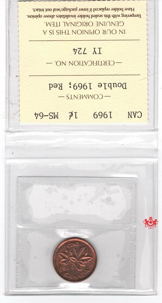 1969 Canada 1 Cent Double Date - ICCS MS64 - IY 724