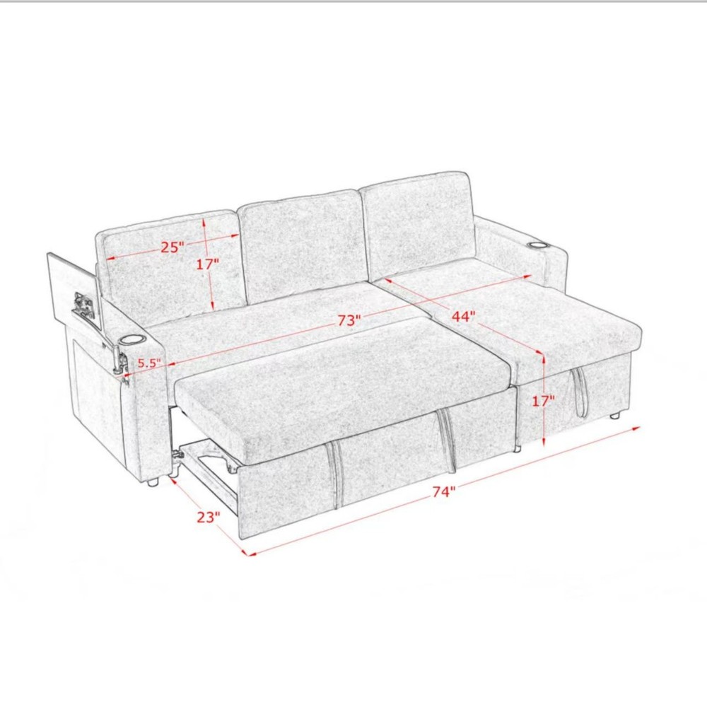 Convertible Sleeper Sofa Bed with Pull Out Bed & LED Lights & USB Charging Ports