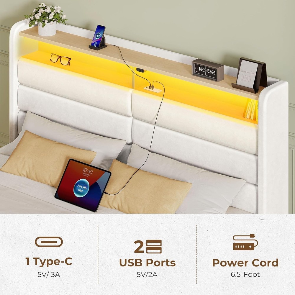 Queen Size Bed Frame with 4 Storage Drawers & LED Lights