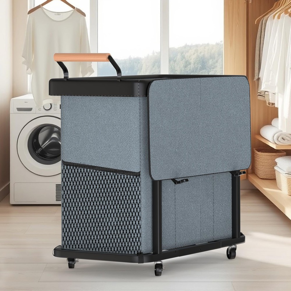 60 Gal 230L Laundry Hamper 3 Section with Lid, Leather Patchwork Laundry Sort...