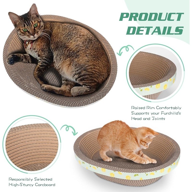Cozy Oval Cat Bed W/ Slanted Support & Durable Scratching Pad Indoor Use