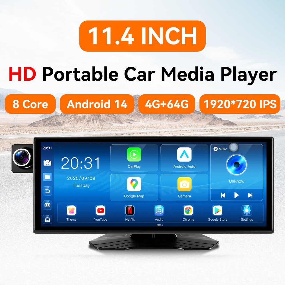 Upgrade 11.4" Android 14 CarPlay Screen 8Core 4G+64G CarPlay Android Auto GPS BT
