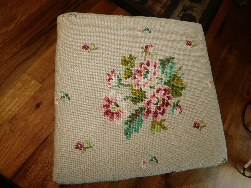 Pink Floral Needlepoint Stool Vintage Handmade