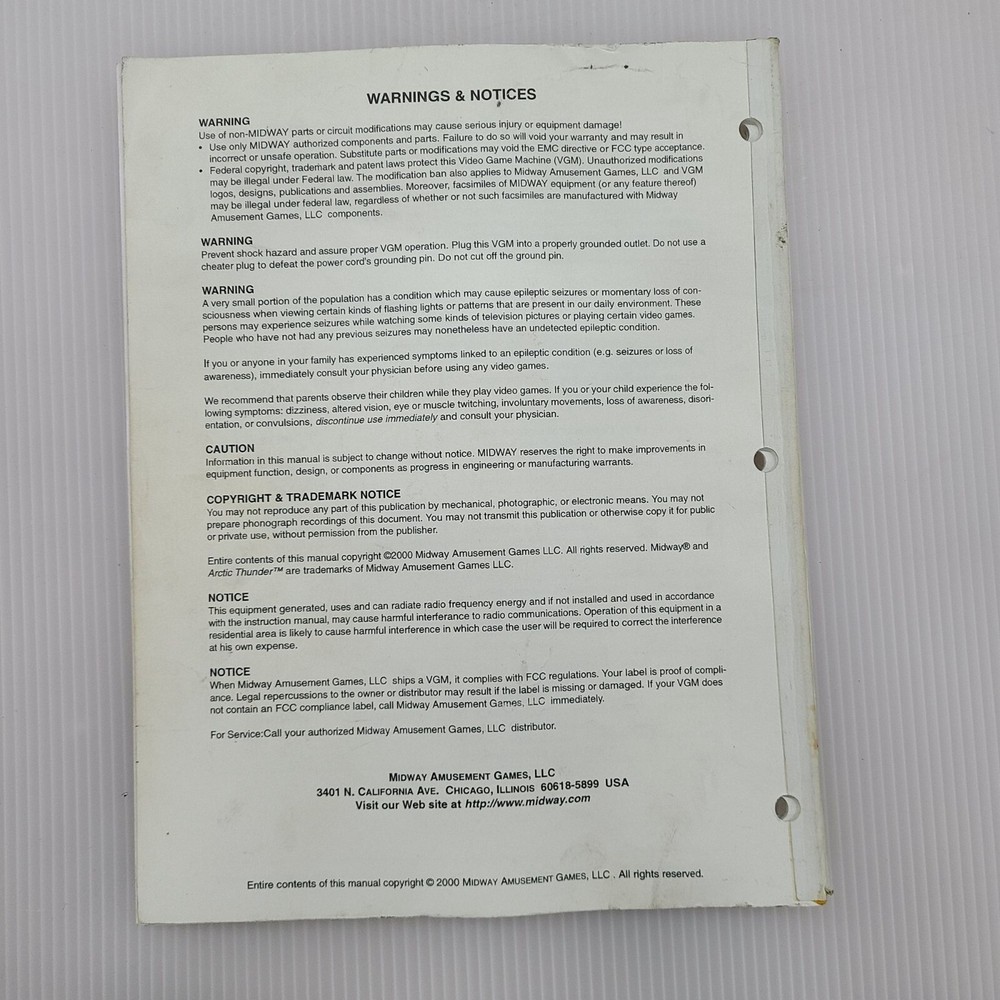 Arctic Thunder arcade owner's manual