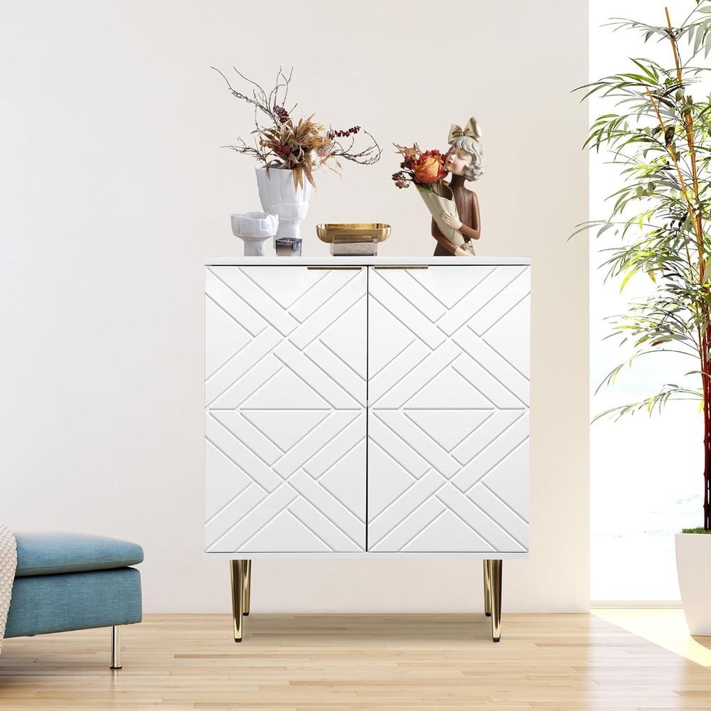 29" Wood Storage Cabinet with 2 Embossed Pattern Doors Modern Sideboard Buffet