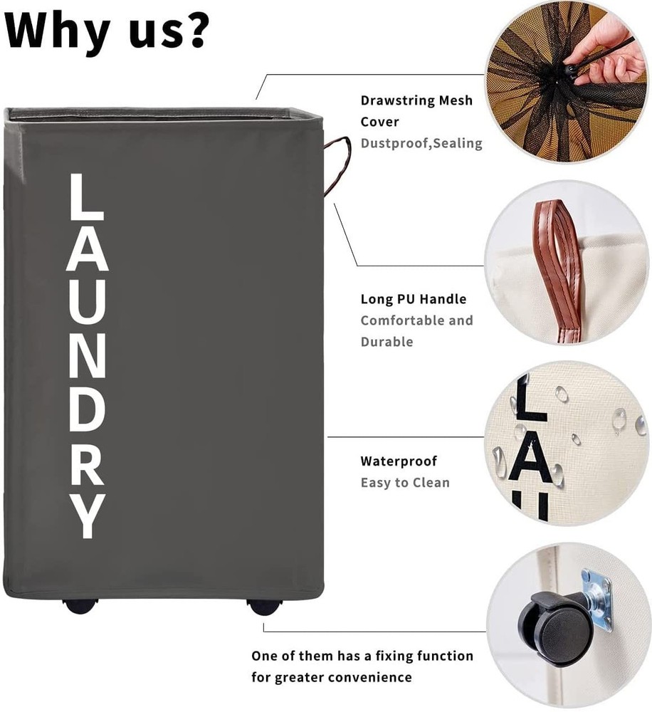 92L Grey Extra Large Standable Rolling Laundry Hamper Basket Wheels Leather