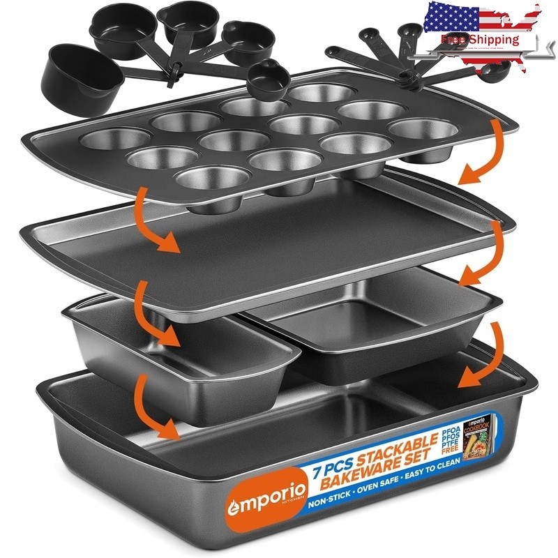 Stackable Baking Pan Set Nonstick White Marble Coating Carbon Steel Bakeware Set