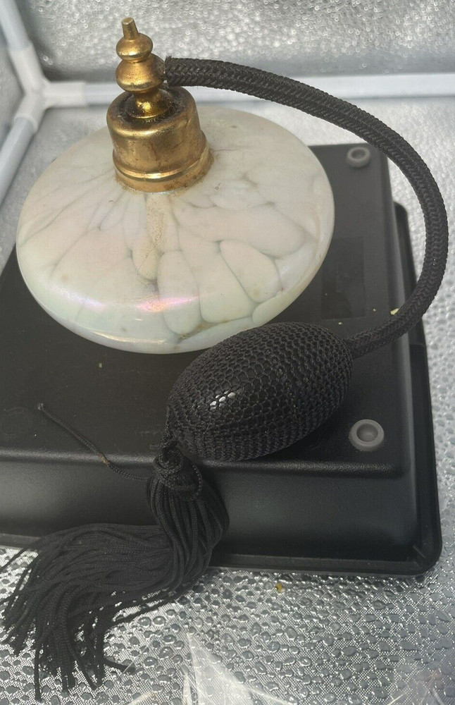 White Pink Opalescent Perfume Bottle Black Atomizer No Makers Marks Empty