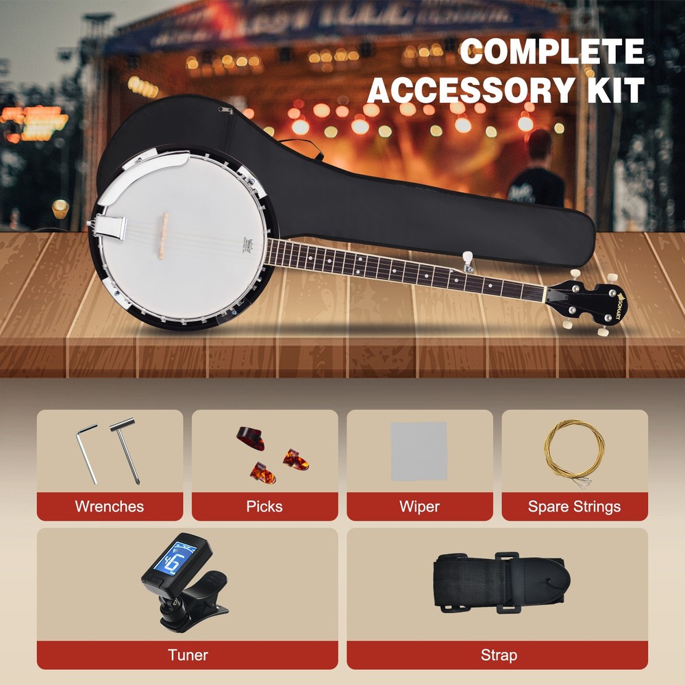 Sonart 5 String Geared Tunable Banjo 24 Brackets Closed Back Remo Head with Case