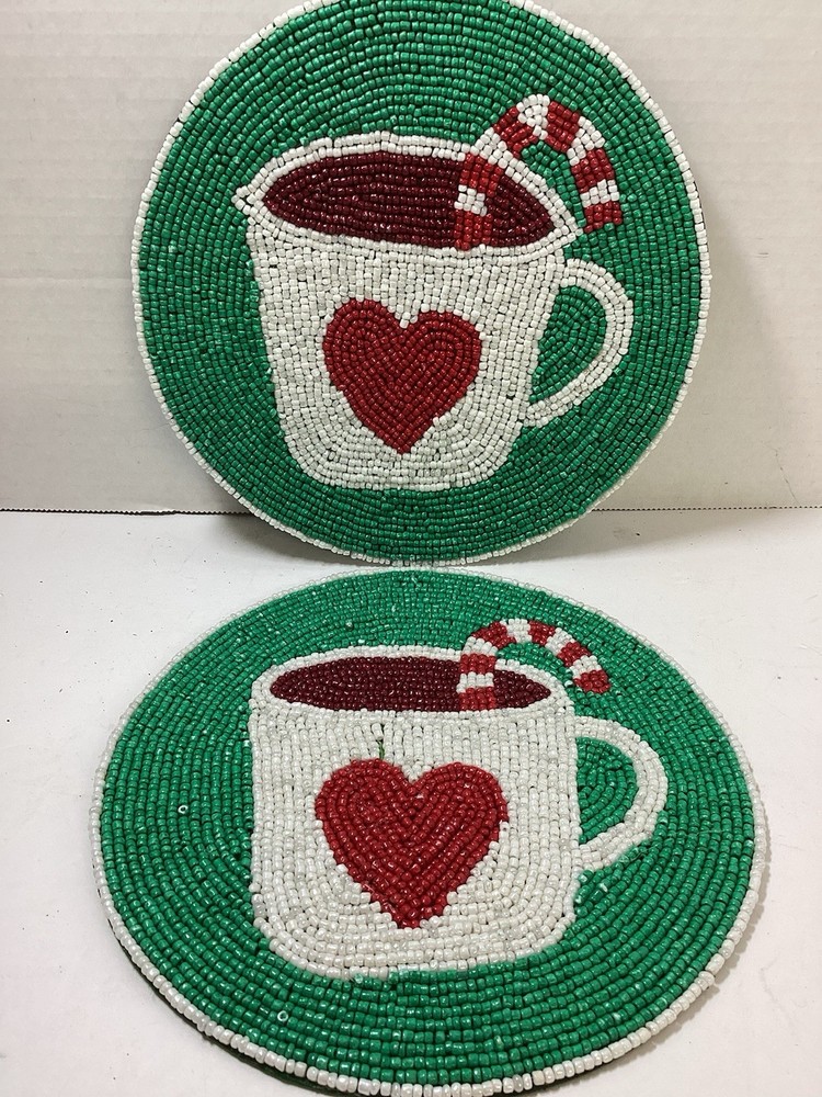 Robert Stanley Christmas Beaded Table Pads  Coasters 8x8”