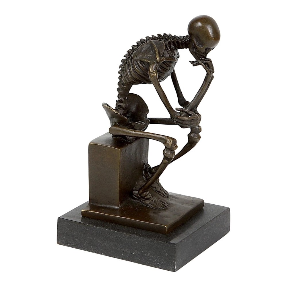 Real Bronze Marble Base Thinking Skeleton Statue 15cm
